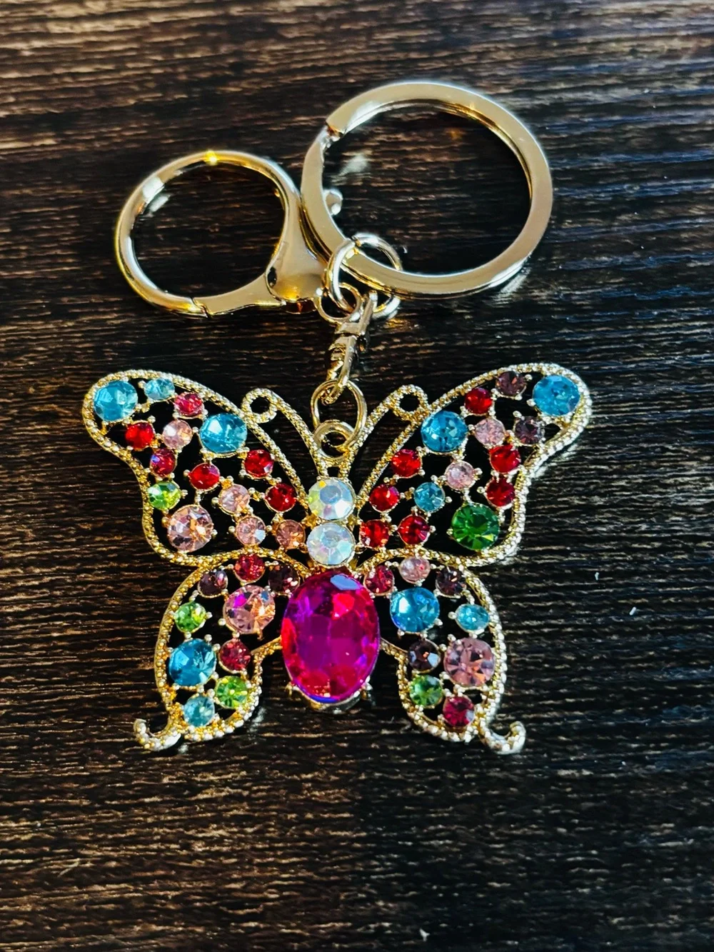 Multicolor Jeweled Crystal‎ Rhinestone Butterfly Keychain - Gold Tone